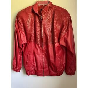 Red Leather Jacket Size Medium Vintage Comint Bomber Jacket 80s Shoulder Pads